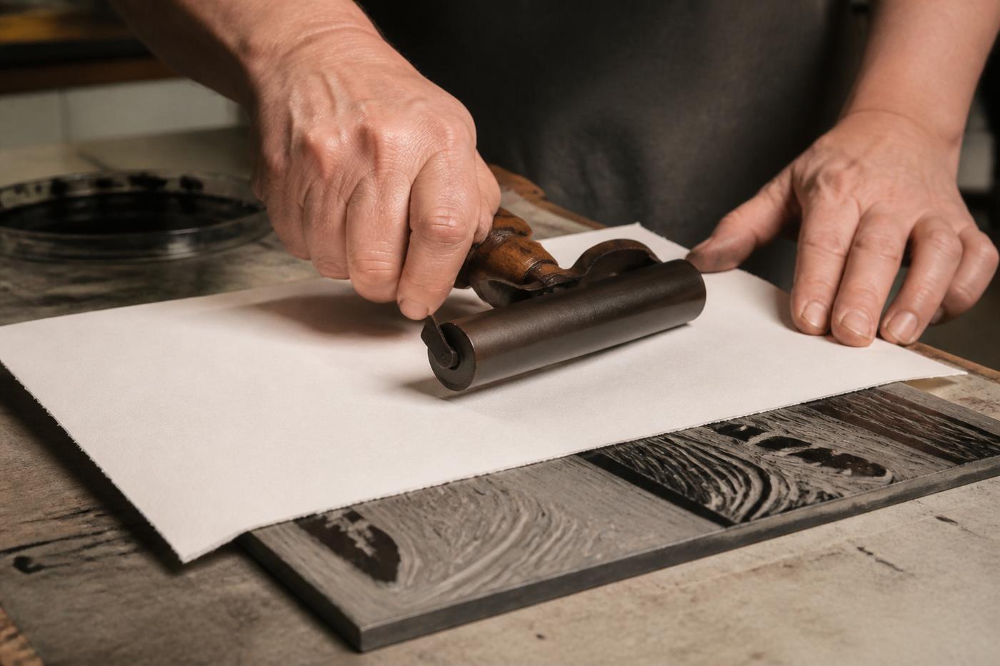 Hands pressing paper onto an inked linoleum block with a barren