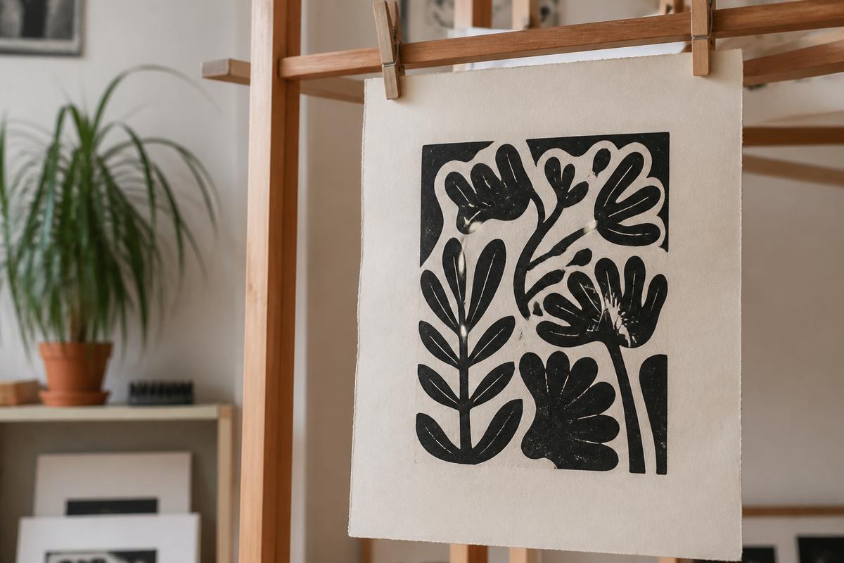 Fresh linocut print hanging to dry on a wooden rack