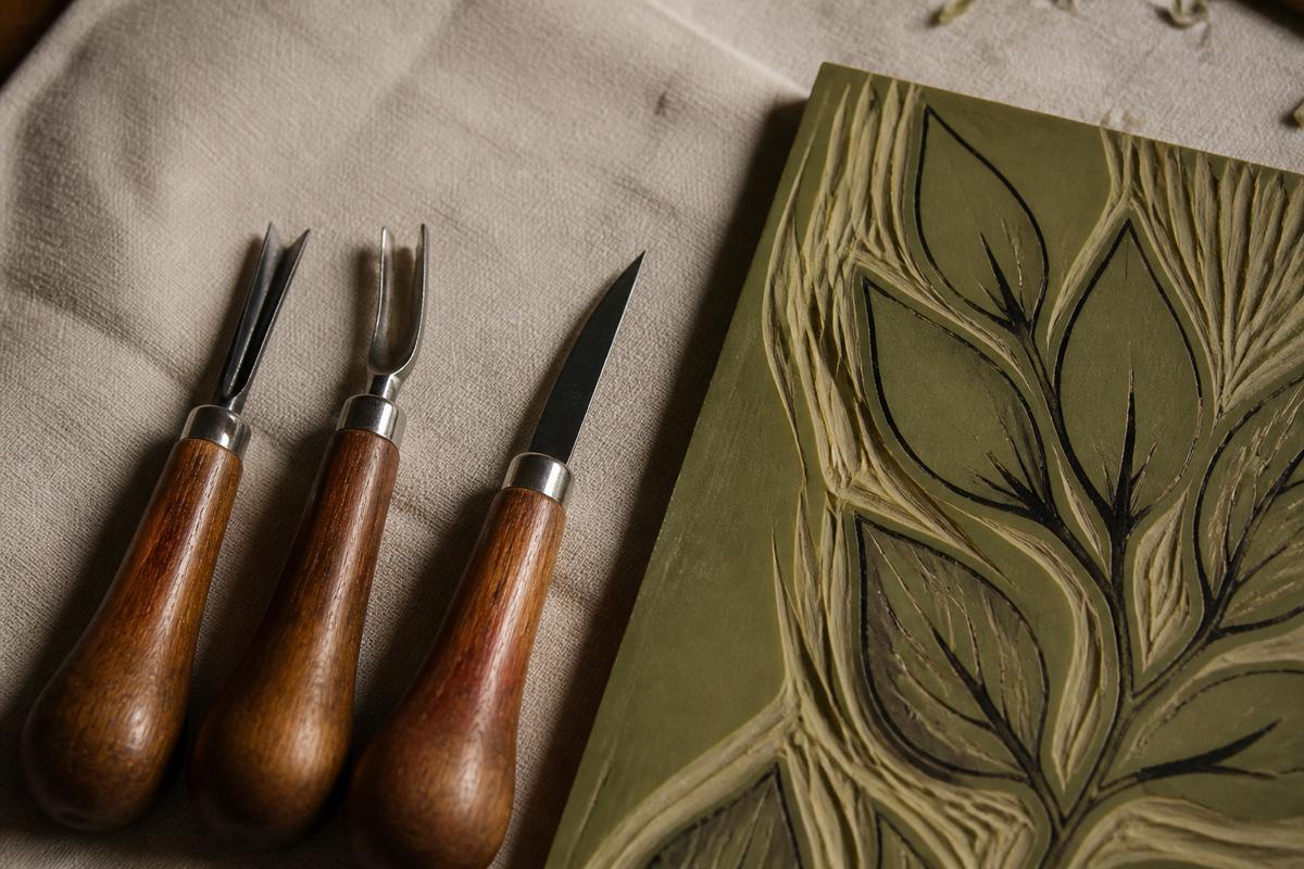 Linocut gouges resting beside a partially carved linoleum plate