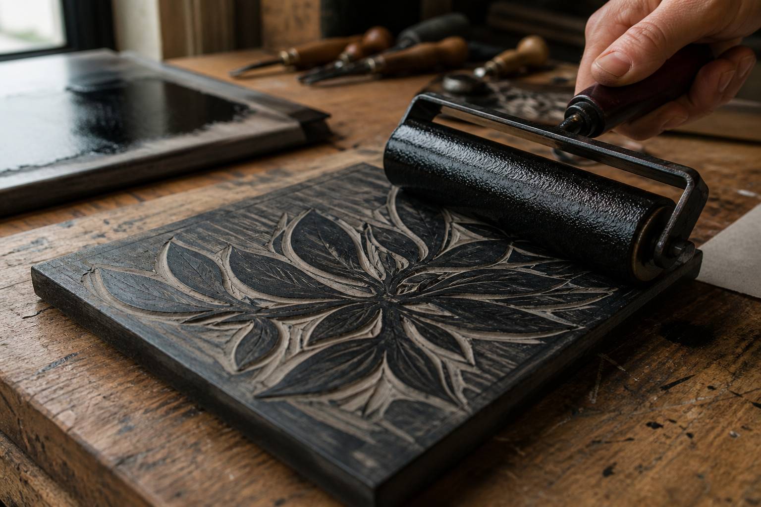 Rubber brayer rolling black ink across a carved linoleum block