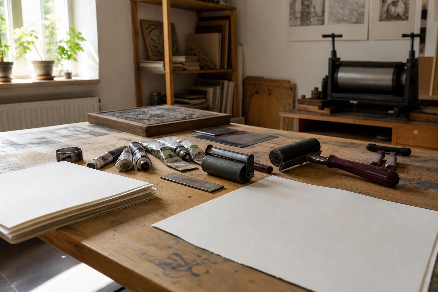 Workshop table with ink rollers and stacked printing paper